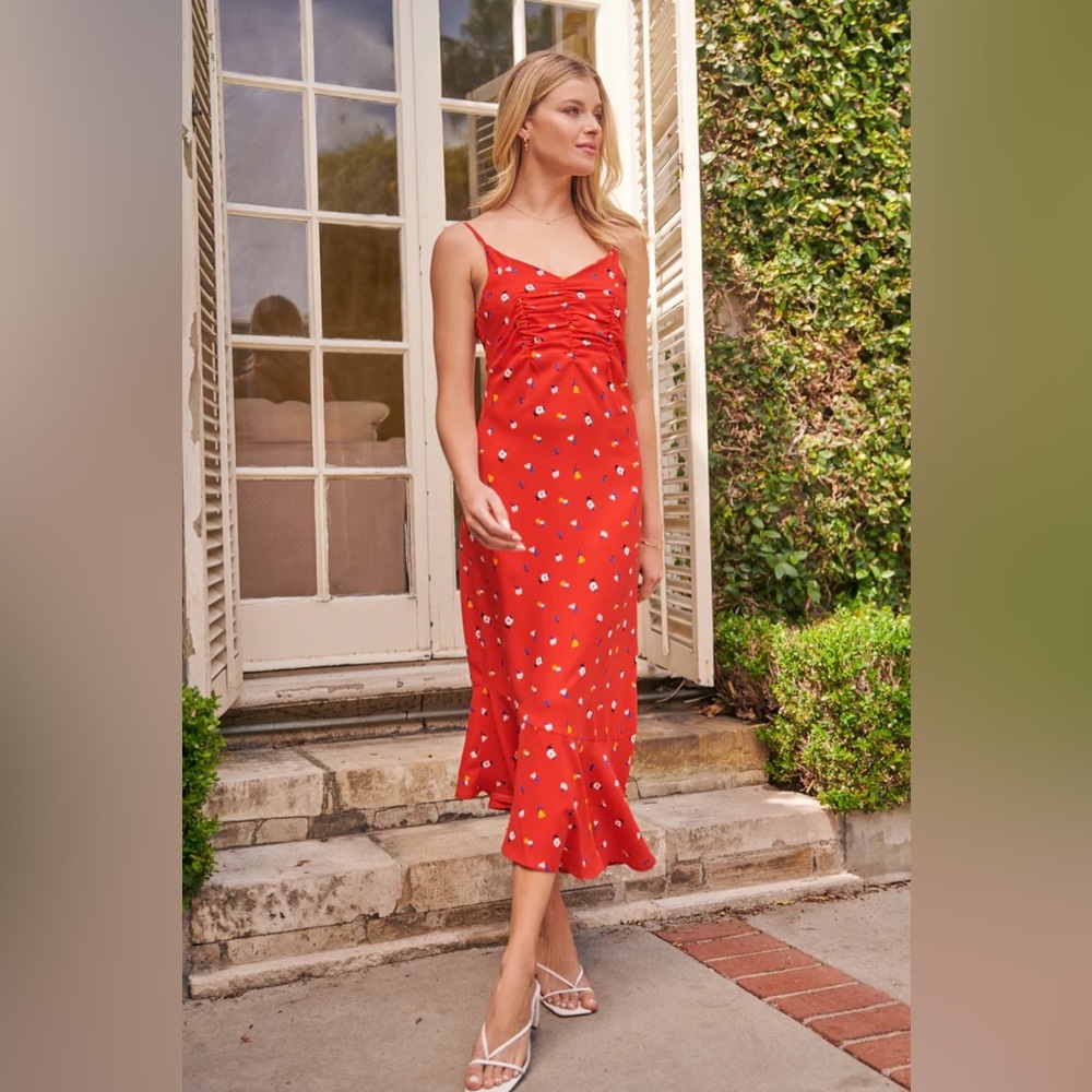 Sugarlips red floral dress, Mon Cheri Sheena Asymmetrical Dress